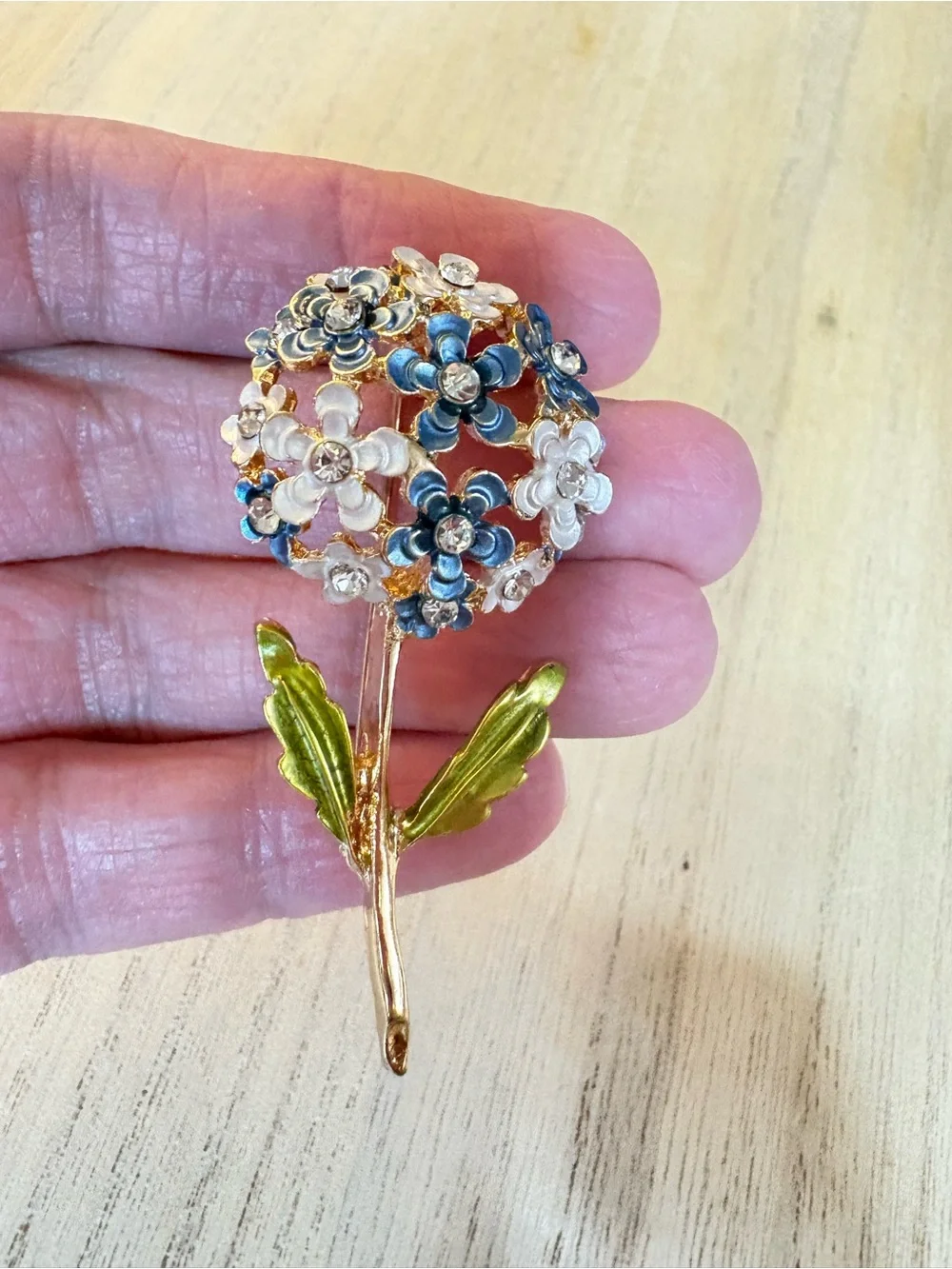 Floral Crystal Cluster Brooch - Blue, White & Green Enamel
